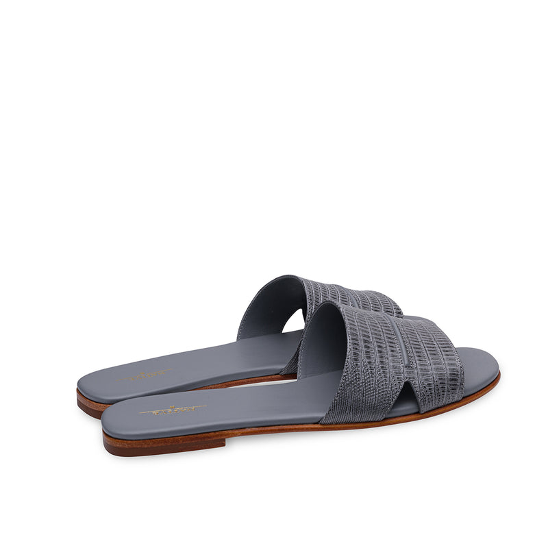 Flat Sandals w/ Lizard and Piping in Grey