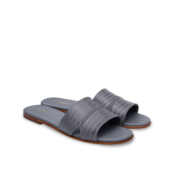 Flat Sandals w/ Lizard and Piping in Grey