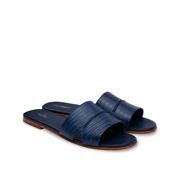 Flat Sandals w/ Lizard and Piping in Navy Blue