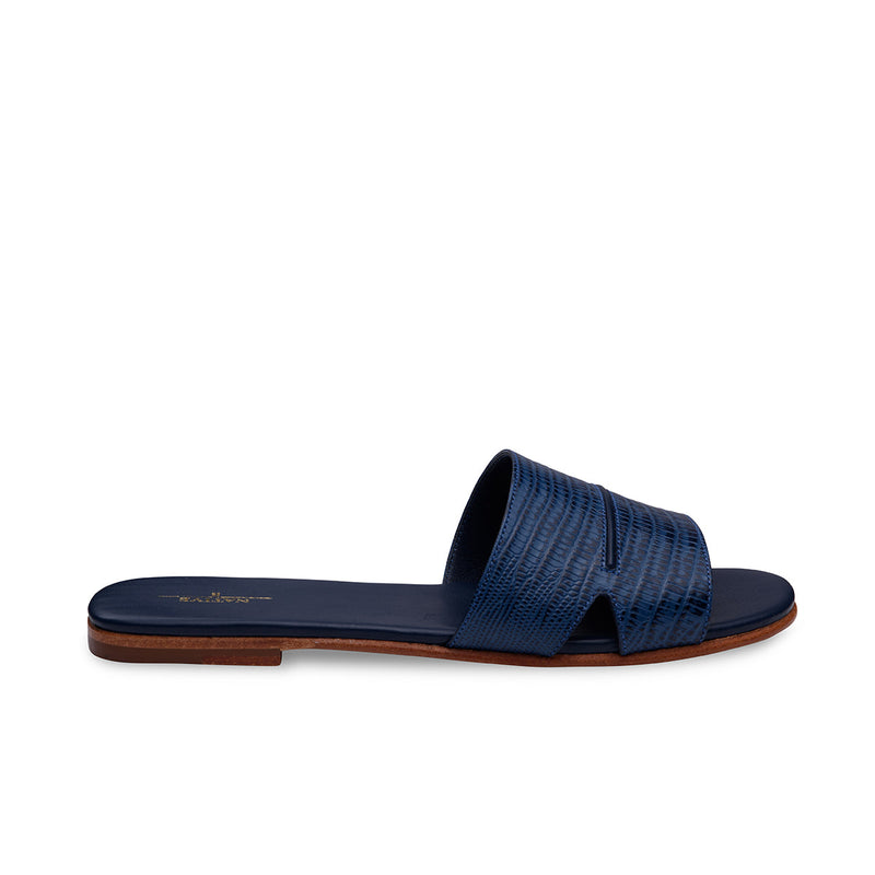 Flat Sandals w/ Lizard and Piping in Navy Blue
