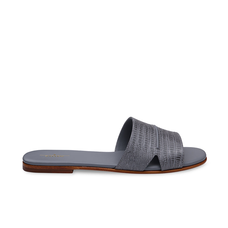 Flat Sandals w/ Lizard and Piping in Grey