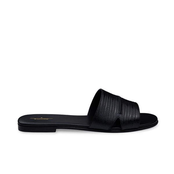 Flat Sandals w/ Lizard and Piping in Black